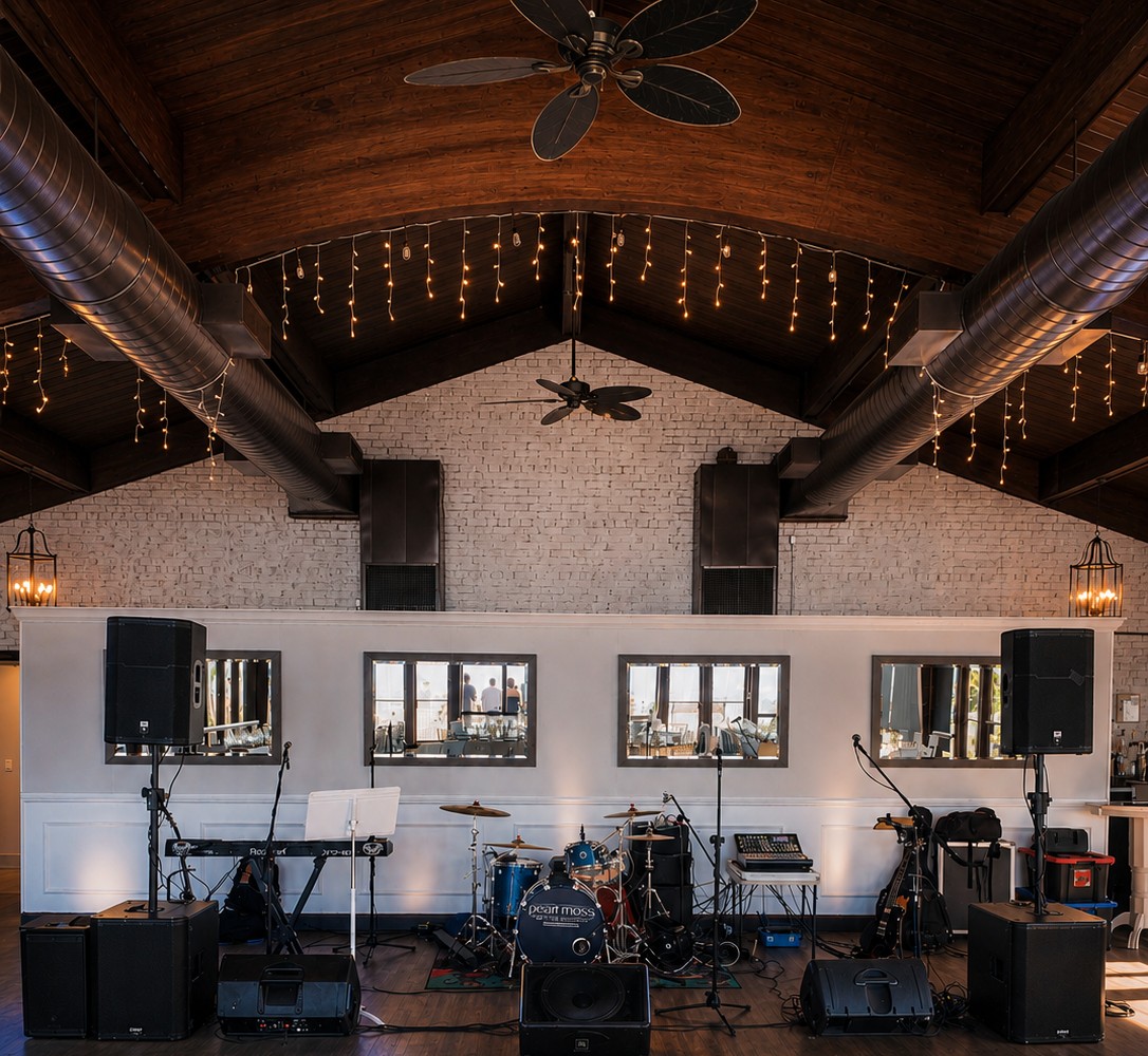 JJ Sound's PA and stage setup at a Long Island wedding reception